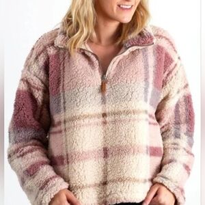 Thread & Supply Teddy Textured Sherpa Plaid Pullover High Neck 3/4 Zip Large